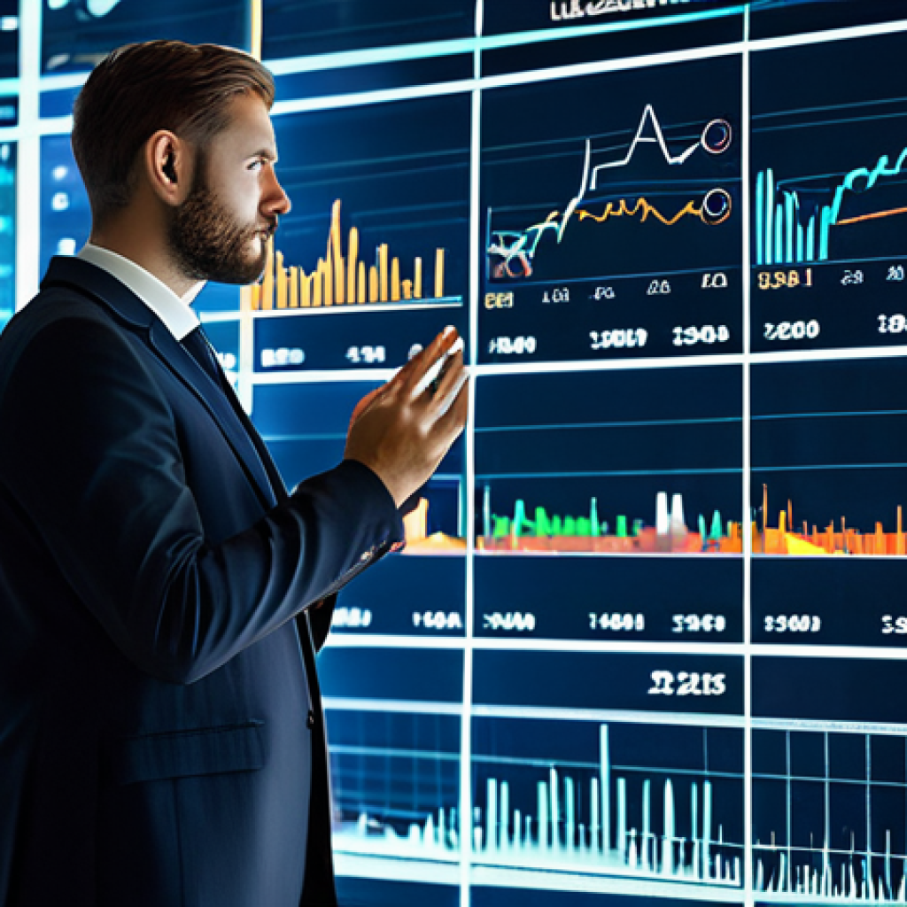A professional financial analyst in a modest business suit stands, observing a large, glowing digital screen displaying complex financial charts and algorithms. The sleek, high-tech office background features abstract data streams and glowing lines, emphasizing precision and automated analysis. The image is professional photography, high-resolution, with sharp focus and a futuristic aesthetic. safe for work, appropriate content, fully clothed, professional dress, modest clothing, perfect anatomy, correct proportions, natural pose, well-formed hands, proper finger count, natural body proportions.