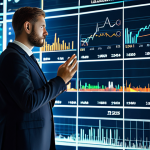 A professional financial analyst in a modest business suit stands, observing a large, glowing digital screen displaying complex financial charts and algorithms. The sleek, high-tech office background features abstract data streams and glowing lines, emphasizing precision and automated analysis. The image is professional photography, high-resolution, with sharp focus and a futuristic aesthetic. safe for work, appropriate content, fully clothed, professional dress, modest clothing, perfect anatomy, correct proportions, natural pose, well-formed hands, proper finger count, natural body proportions.
