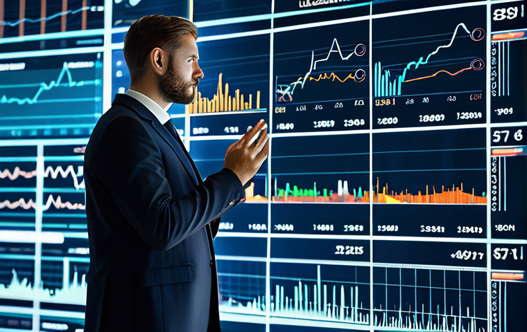 A professional financial analyst in a modest business suit stands, observing a large, glowing digital screen displaying complex financial charts and algorithms. The sleek, high-tech office background features abstract data streams and glowing lines, emphasizing precision and automated analysis. The image is professional photography, high-resolution, with sharp focus and a futuristic aesthetic. safe for work, appropriate content, fully clothed, professional dress, modest clothing, perfect anatomy, correct proportions, natural pose, well-formed hands, proper finger count, natural body proportions.