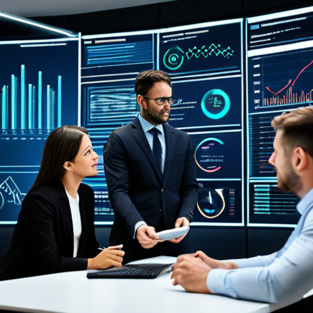 A group of diverse professionals, fully clothed in professional business attire, collaborating around interactive, holographic displays showcasing complex financial data and predictive analytics driven by artificial intelligence. The modern office environment is sleek and well-lit, emphasizing innovation in personalized financial management. The individuals are engaged in thoughtful discussion, with perfect anatomy, correct proportions, and natural poses, including well-formed hands. Safe for work, appropriate content, fully clothed, professional photography, high quality.