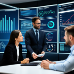 A group of diverse professionals, fully clothed in professional business attire, collaborating around interactive, holographic displays showcasing complex financial data and predictive analytics driven by artificial intelligence. The modern office environment is sleek and well-lit, emphasizing innovation in personalized financial management. The individuals are engaged in thoughtful discussion, with perfect anatomy, correct proportions, and natural poses, including well-formed hands. Safe for work, appropriate content, fully clothed, professional photography, high quality.