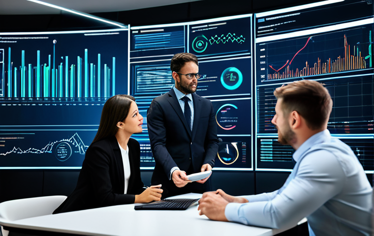 A group of diverse professionals, fully clothed in professional business attire, collaborating around interactive, holographic displays showcasing complex financial data and predictive analytics driven by artificial intelligence. The modern office environment is sleek and well-lit, emphasizing innovation in personalized financial management. The individuals are engaged in thoughtful discussion, with perfect anatomy, correct proportions, and natural poses, including well-formed hands. Safe for work, appropriate content, fully clothed, professional photography, high quality.
