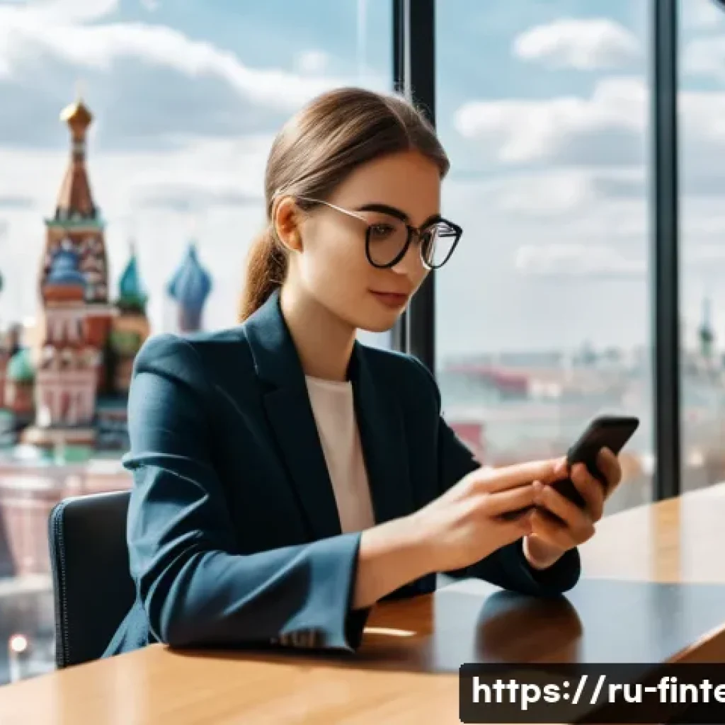 핀테크 대출 서비스 - A modern Russian urban scene showing a young professional woman using a sleek smartphone app to appl...