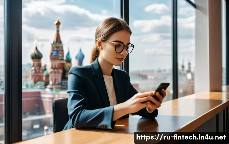 핀테크 대출 서비스 - A modern Russian urban scene showing a young professional woman using a sleek smartphone app to appl...