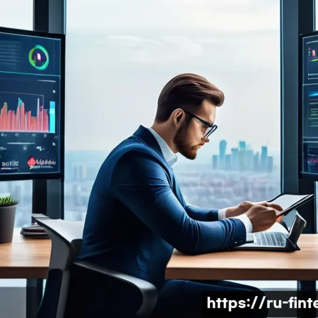 로보 어드바이저 투자 - A modern Russian investor sitting at a sleek desk in a high-tech home office, analyzing multiple dig...
