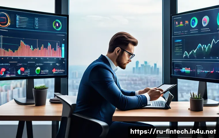 로보 어드바이저 투자 - A modern Russian investor sitting at a sleek desk in a high-tech home office, analyzing multiple dig...