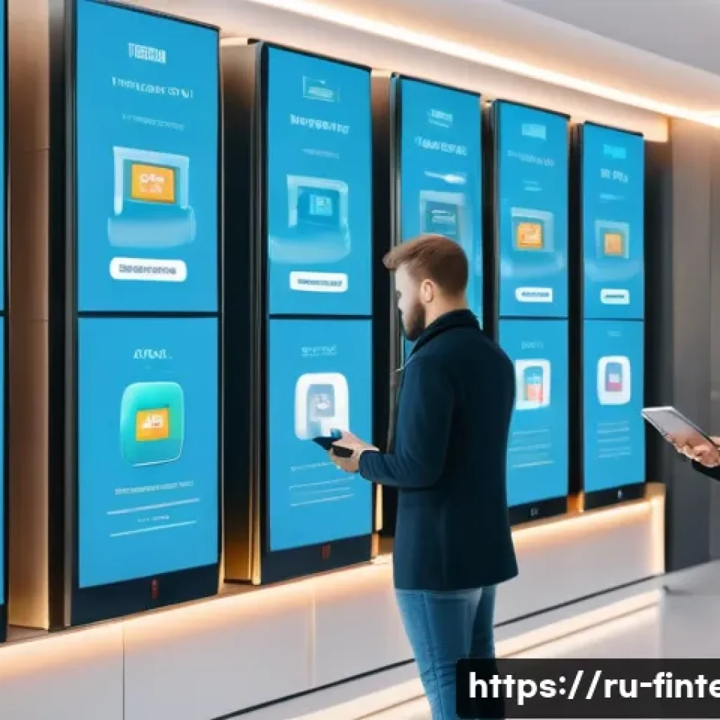 AI 금융 서비스 트렌드 분석 - A modern Russian bank interior with a diverse group of customers interacting with AI-powered chatbot...