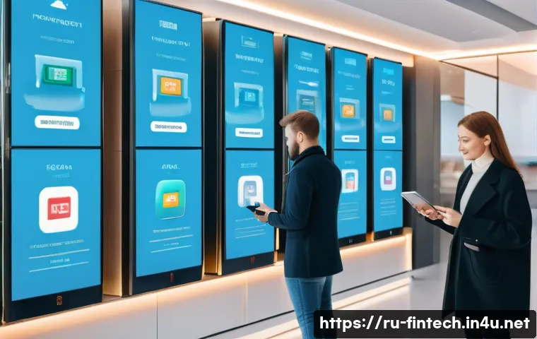 AI 금융 서비스 트렌드 분석 - A modern Russian bank interior with a diverse group of customers interacting with AI-powered chatbot...