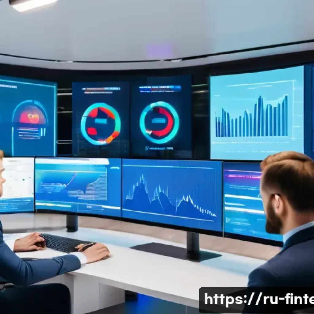 AI 금융 서비스 트렌드 - A modern Russian financial technology office scene featuring diverse professionals analyzing custome...