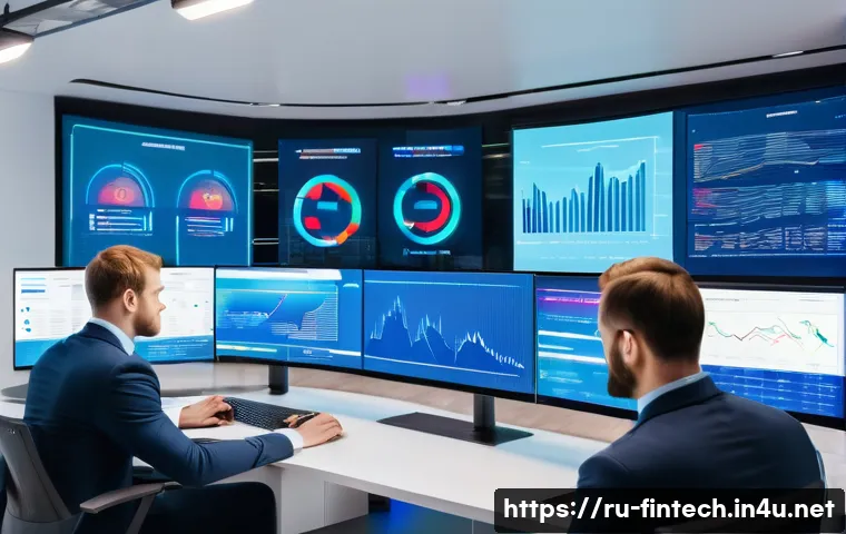 AI 금융 서비스 트렌드 - A modern Russian financial technology office scene featuring diverse professionals analyzing custome...