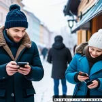 Home 22 디지털 금융 서비스의 미래 - A modern Russian city street scene showing diverse people using mobile wallets on their smartphones ...