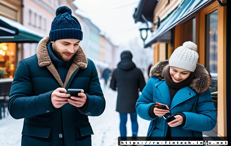 디지털 금융 서비스의 미래 - A modern Russian city street scene showing diverse people using mobile wallets on their smartphones ...