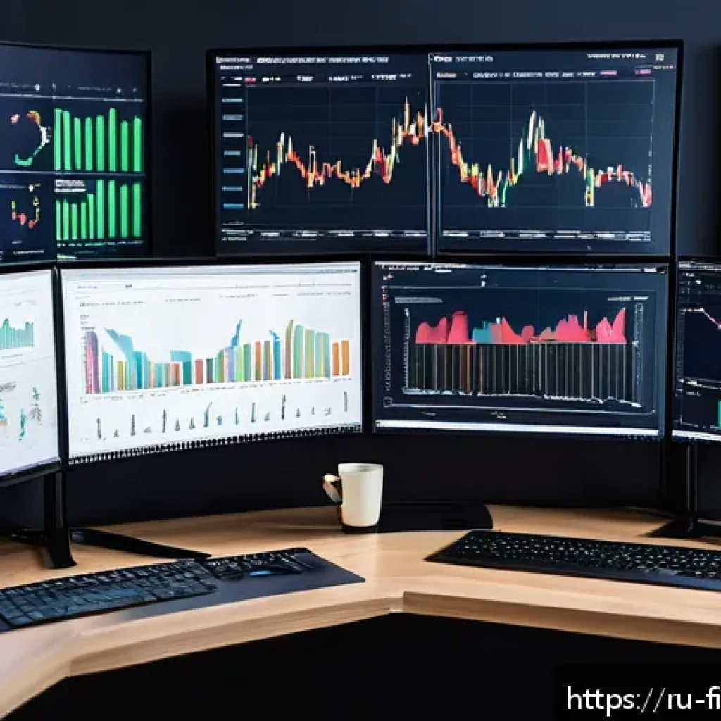 빅데이터를 활용한 재테크 - A modern investment analyst workspace in Moscow, featuring multiple large monitors displaying comple...