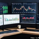 Home 21 빅데이터를 활용한 재테크 - A modern investment analyst workspace in Moscow, featuring multiple large monitors displaying comple...