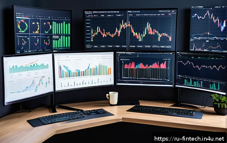 빅데이터를 활용한 재테크 - A modern investment analyst workspace in Moscow, featuring multiple large monitors displaying comple...