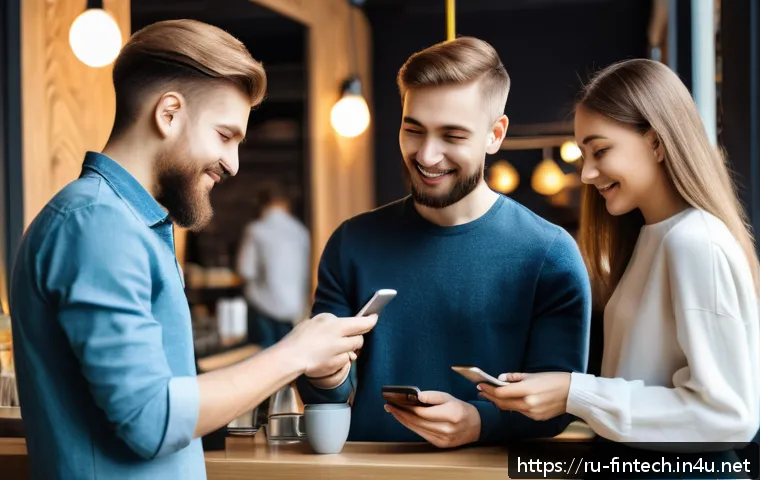 핀테크 스타트업 동향 - A modern Russian urban café scene showing a diverse group of young adults using mobile wallets on th...