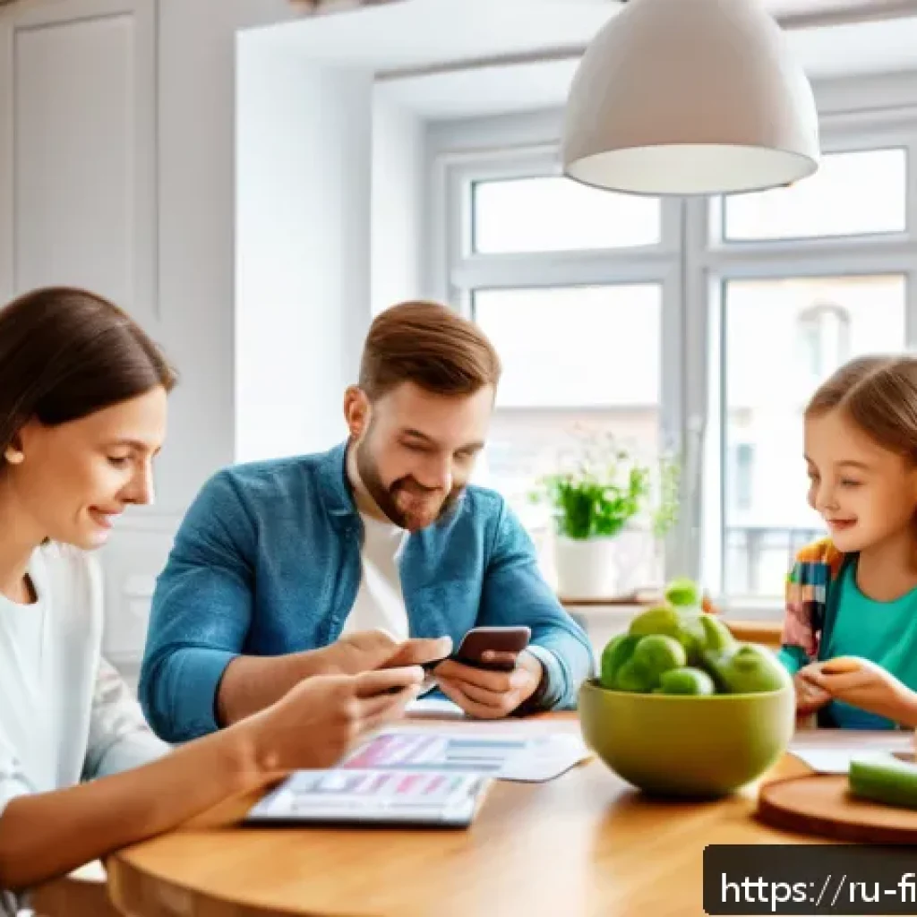 스마트 금융 서비스 - A modern Russian family sitting at a kitchen table using a smartphone app to track personal finances...