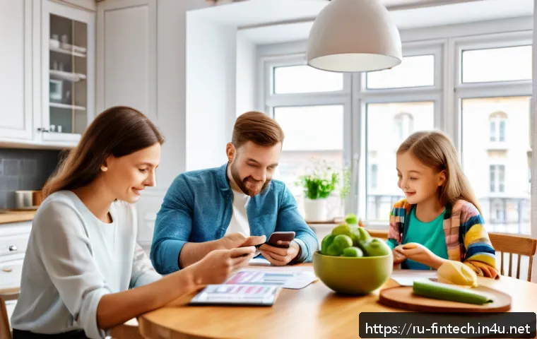 스마트 금융 서비스 - A modern Russian family sitting at a kitchen table using a smartphone app to track personal finances...