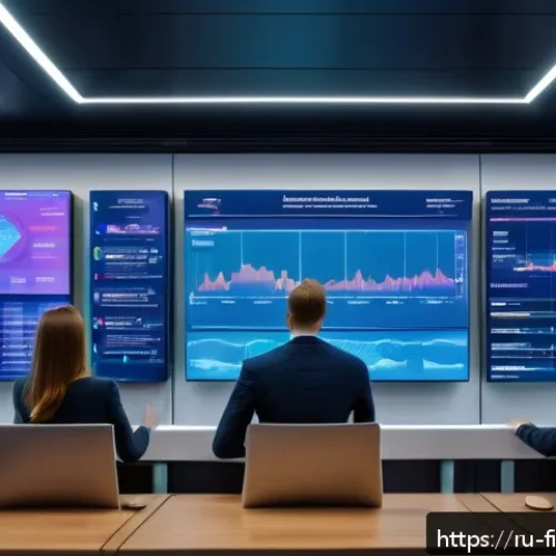 Home 30 핀테크와 빅데이터 결합 사례 - A modern Russian bank interior featuring a diverse group of professionals analyzing large transparen...