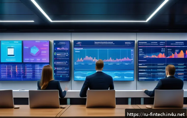 핀테크와 빅데이터 결합 사례 - A modern Russian bank interior featuring a diverse group of professionals analyzing large transparen...