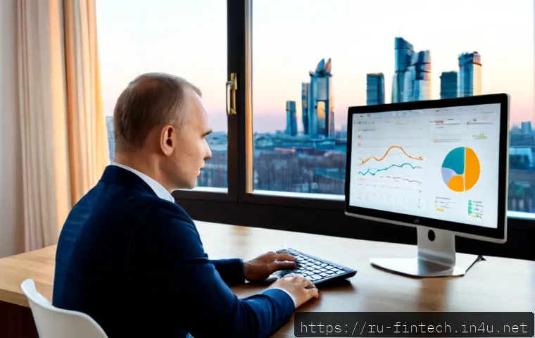 로보 어드바이저 기능 비교 - Photorealistic modern Moscow apartment workspace, a middle-aged Russian investor comparing two robo-...