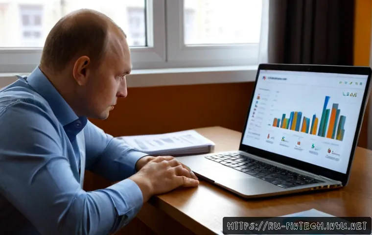 스마트 투자 시스템 - Photorealistic smart investment system concept, a Russian middle-aged investor calmly reviewing a di...